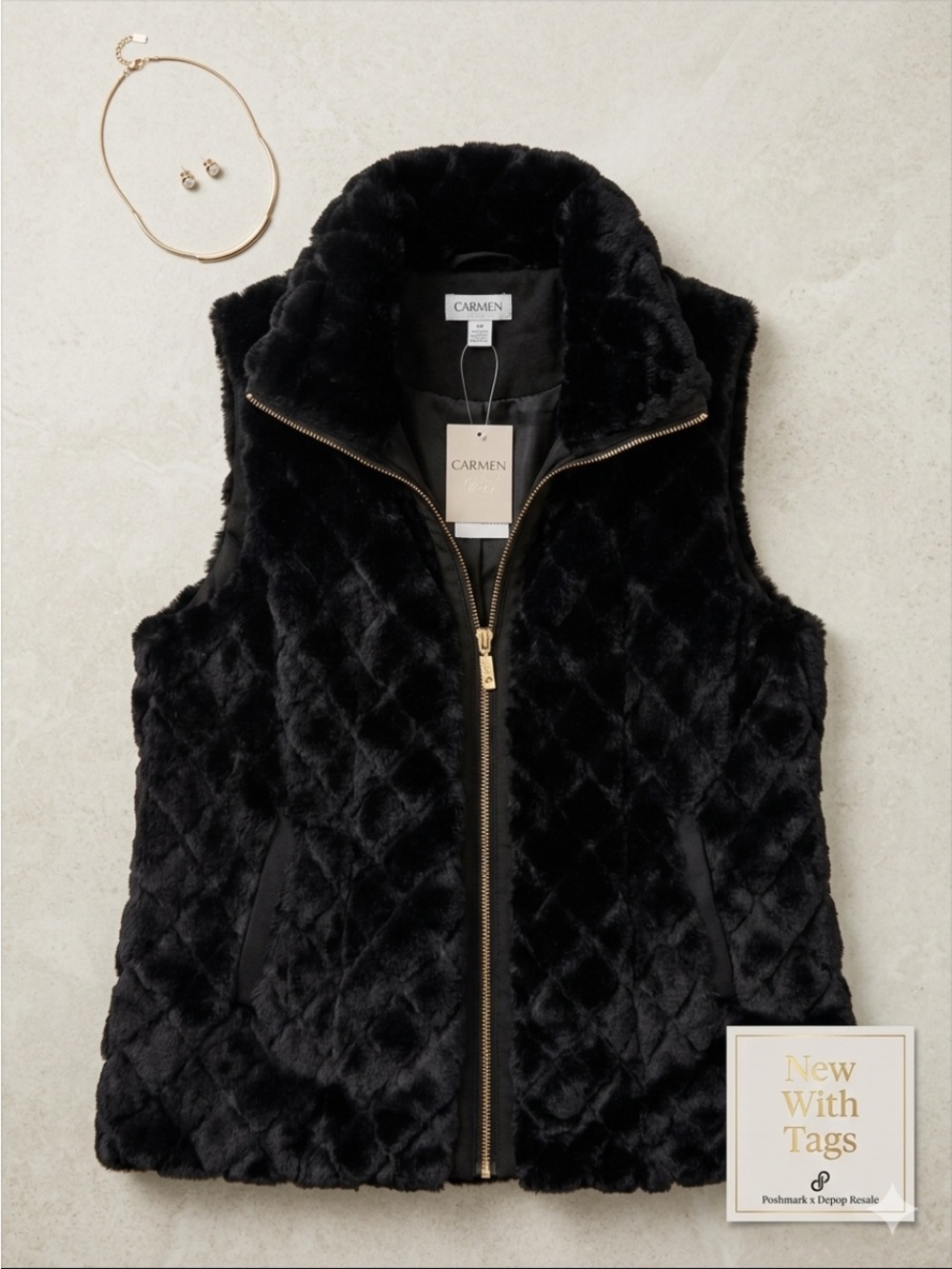 Carmen Marc Valvo Black Quilted Faux-Fur Vest with Gold Hardware
